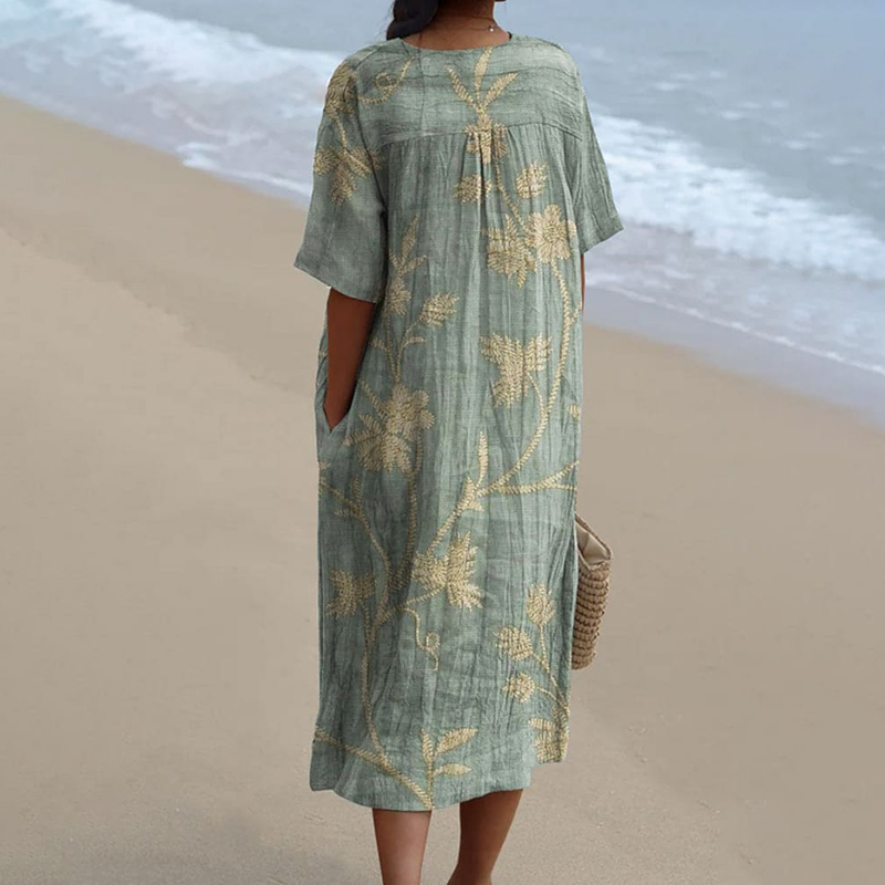 Women's Retro Floral Print Cotton and Linen Dress
