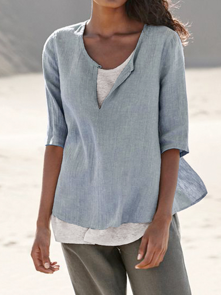 Button Notch Neck Casual Linen Tunic