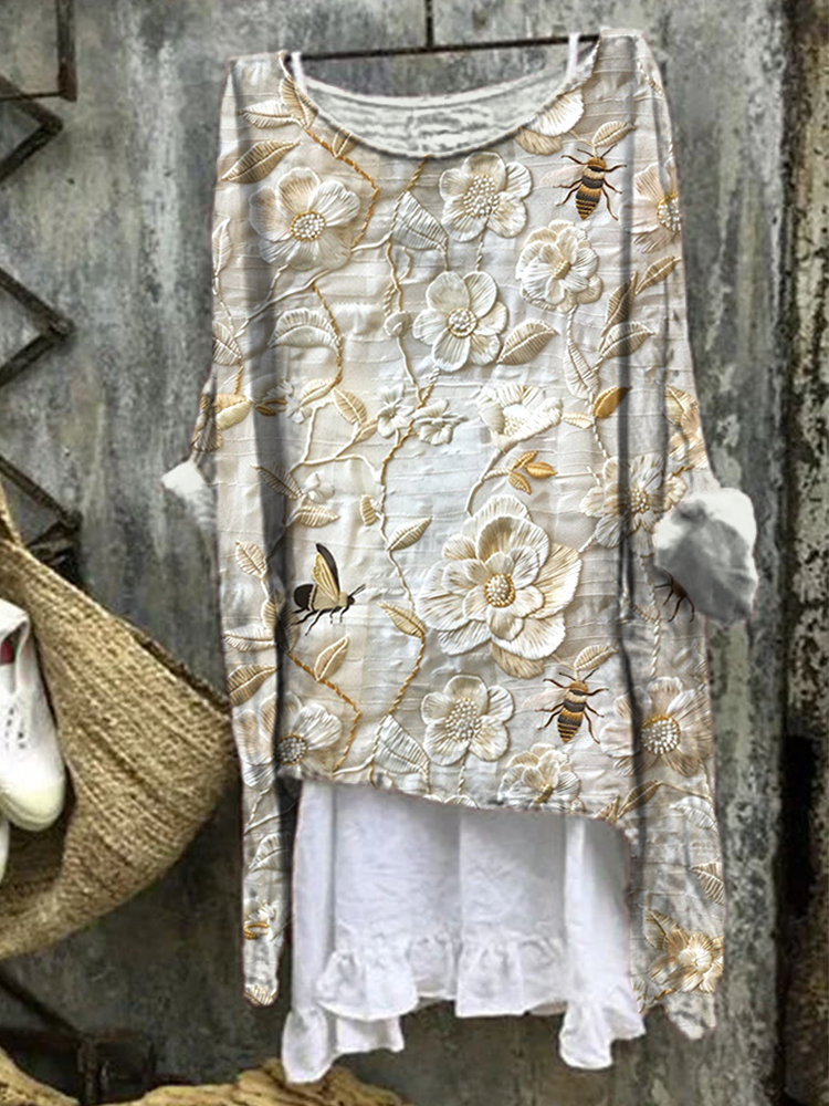 Bee Floral Embroidery Pattern Linen Blend Shirt
