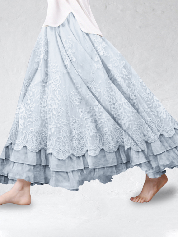 Vintage Floral Lace Ruffle Flowy Linen Blend Skirt