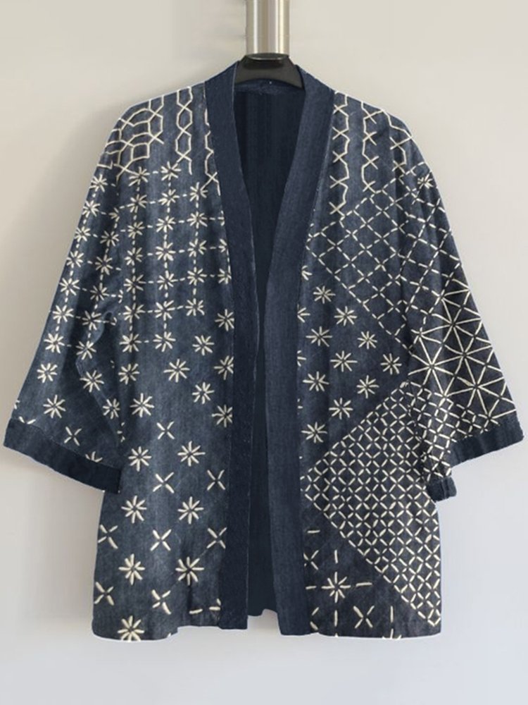 Japanese Traditional Sashiko In Floral Patchwork Art Pattern Art Print Linen Blend Kimono Cardigan