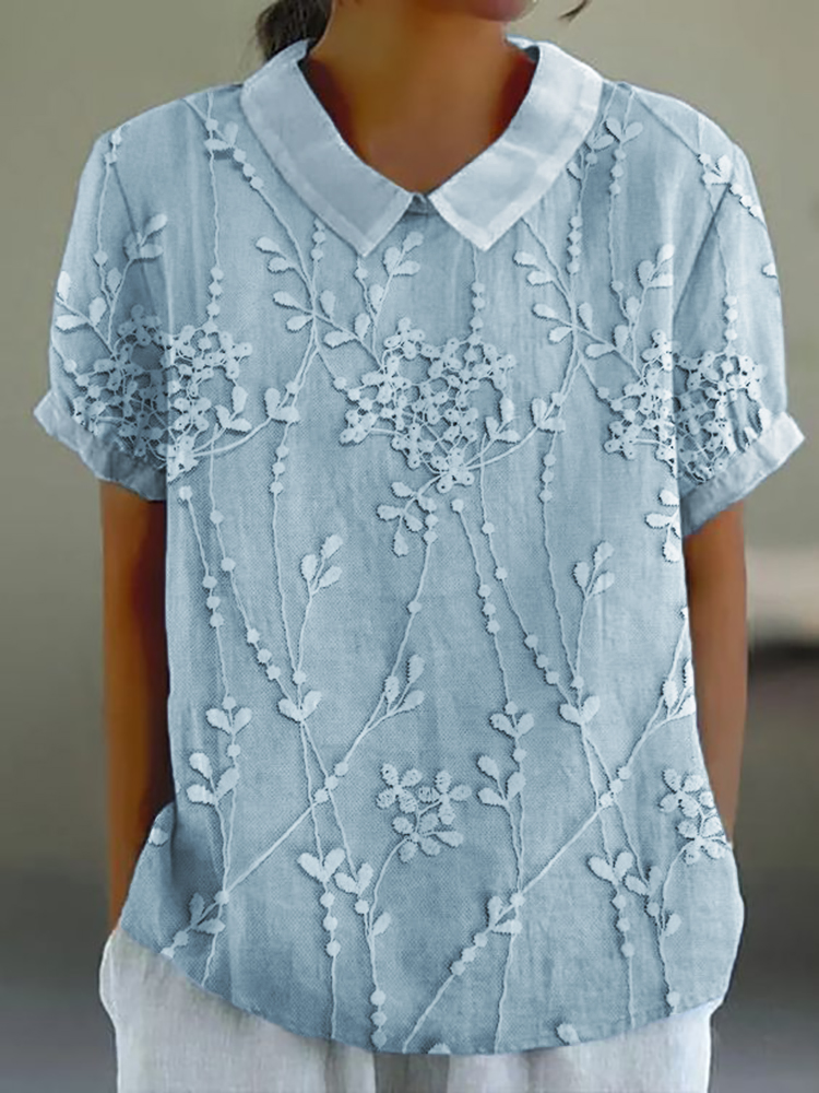 Classy Floral Lace Embroidered Linen Blend Lapels Tunic