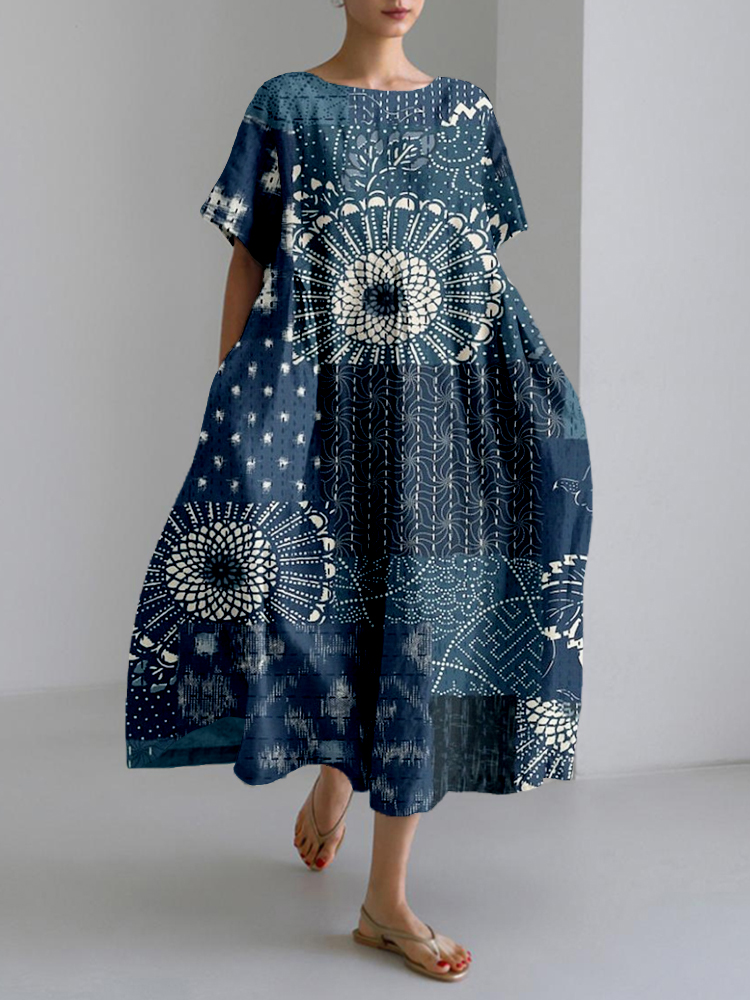Vintage Japanese Patchwork Pattern Linen Blend Maxi Dress