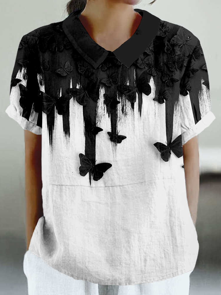 Butterfly Relief art Contrast Linen Blend Shirt