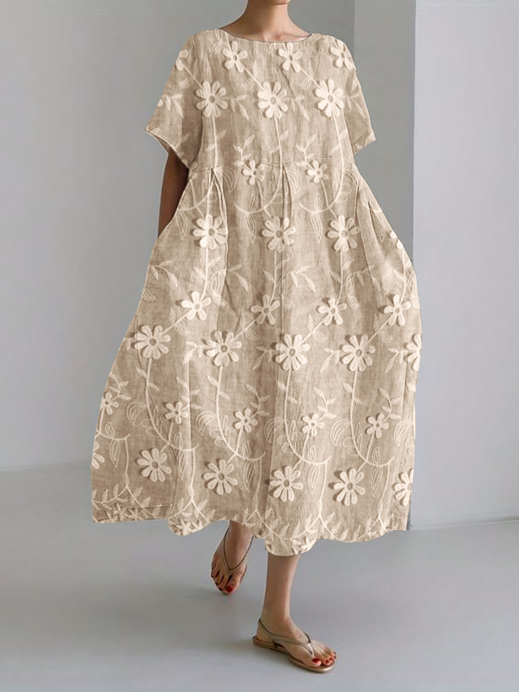 3D Daisy Floral Embroidered Lace Linen Blend Maxi Dress