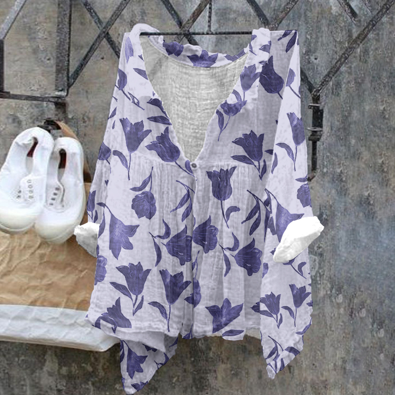 Ladies Floral Pattern Casual Cotton Linen Shirt