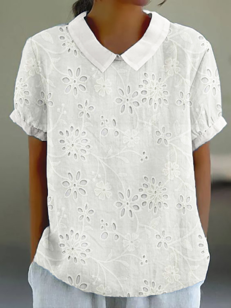 Floral Embroidered Hollow Lace Linen Blend Tunic