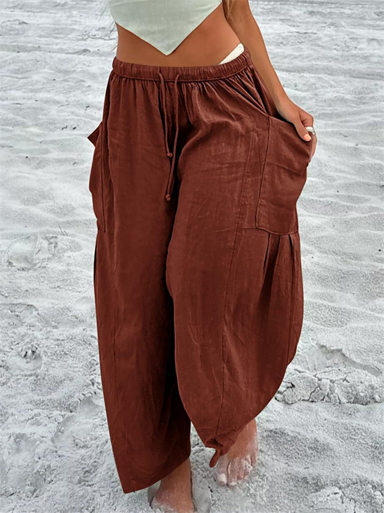Patch Pockets Pleated Flowy Wide Leg Pants
