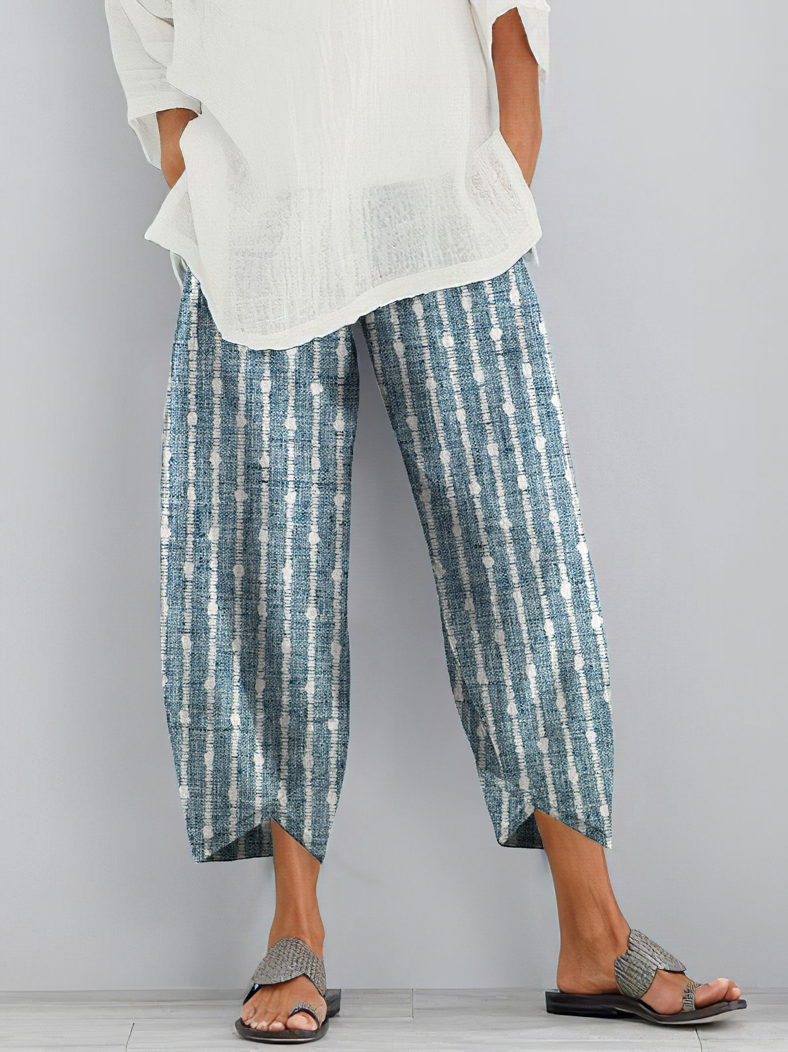 Women Vintage Stripes Casual Pocket Pants