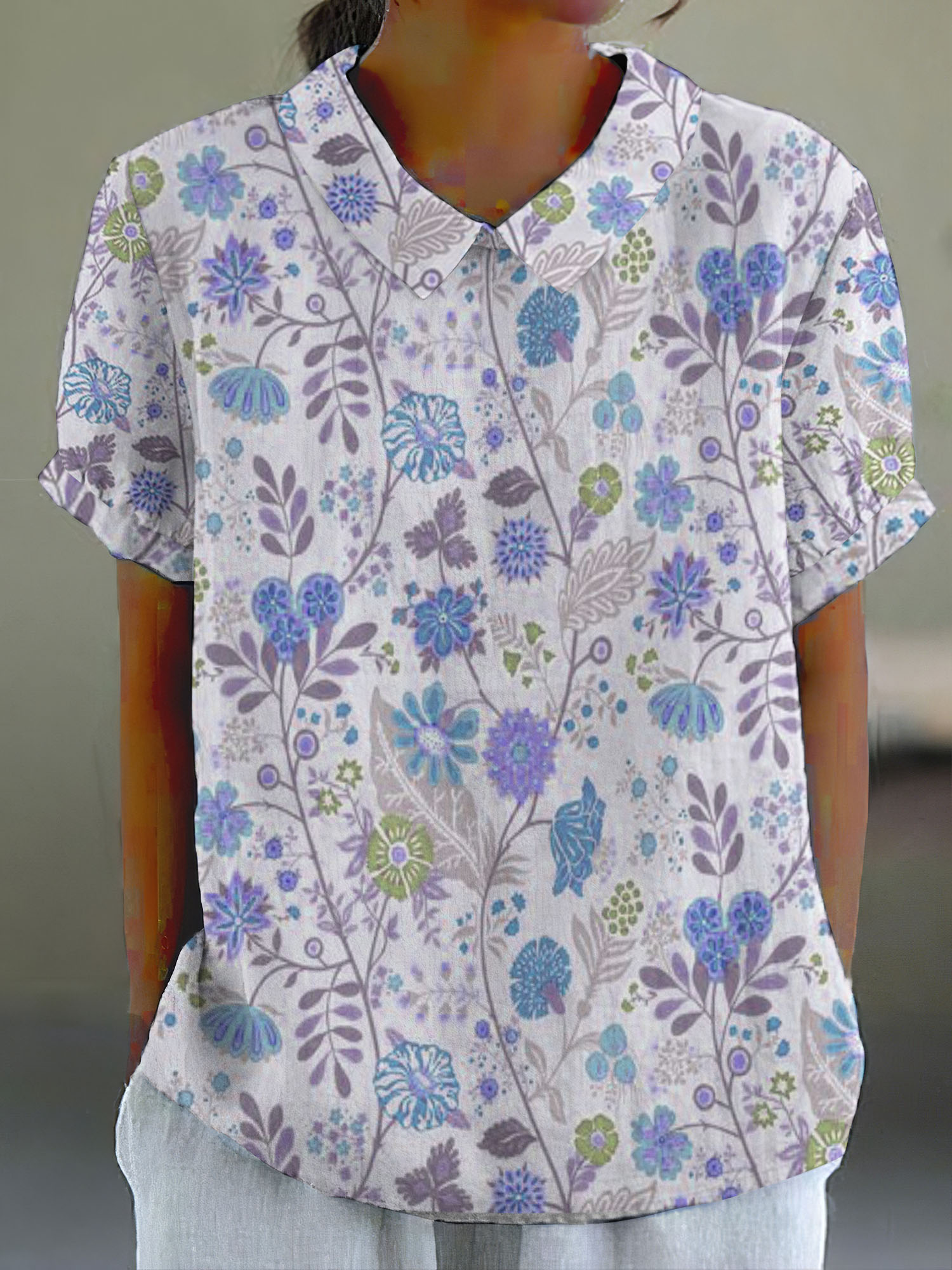 Women's Pastoral Floral Art Print Casual Cotton Linen Shirt
