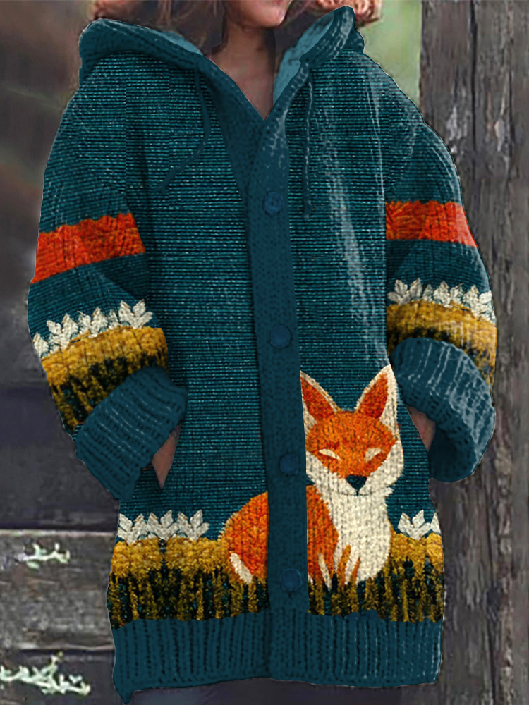 Retro Fall Fox Floral Art Cozy Knit Hooded Cardigan