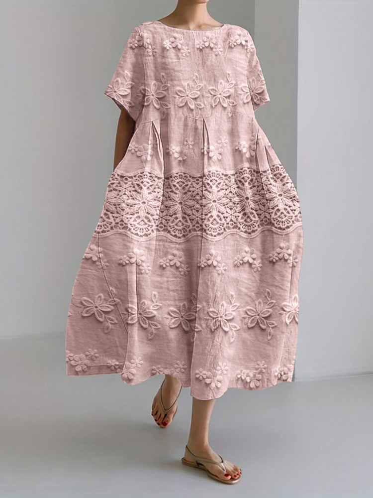Vintage Lace Floral Linen Blend Maxi Dress
