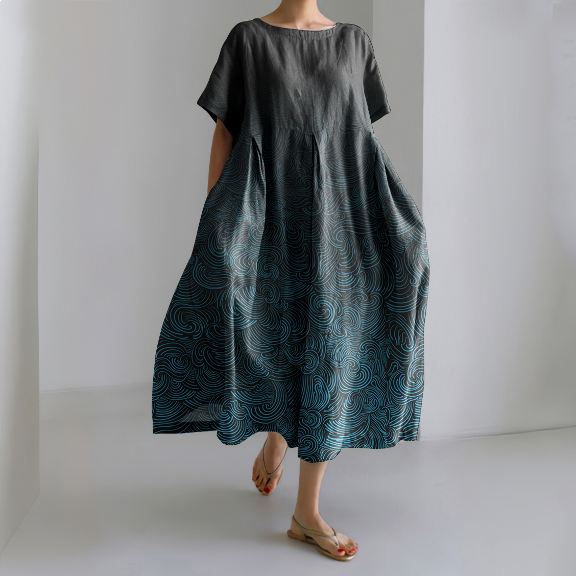 Vintage Waves Print Short Sleeve Linen Blend Maxi Dress