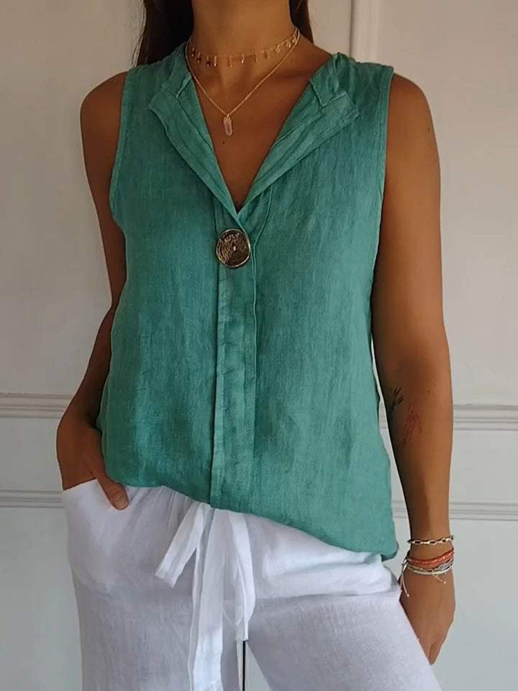 Casual cotton and linen sleeveless button v-neck top