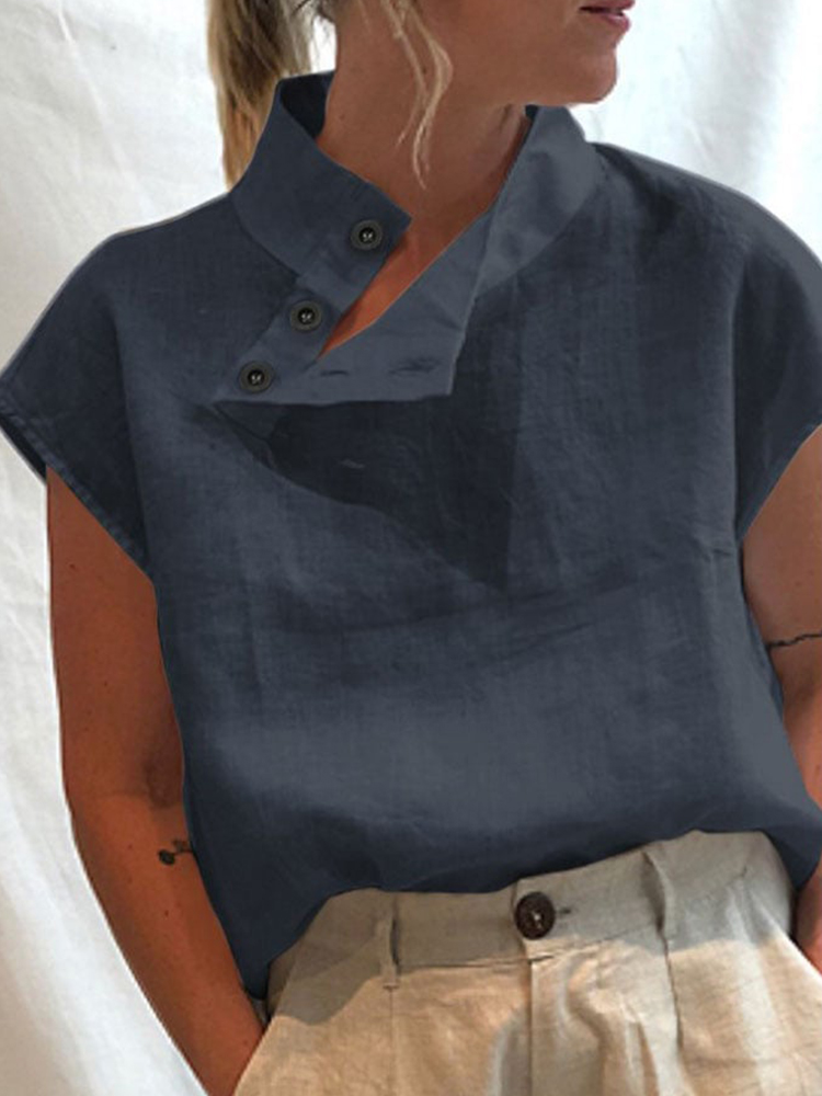 Solid Color Button Stand Collar Casual Blouse