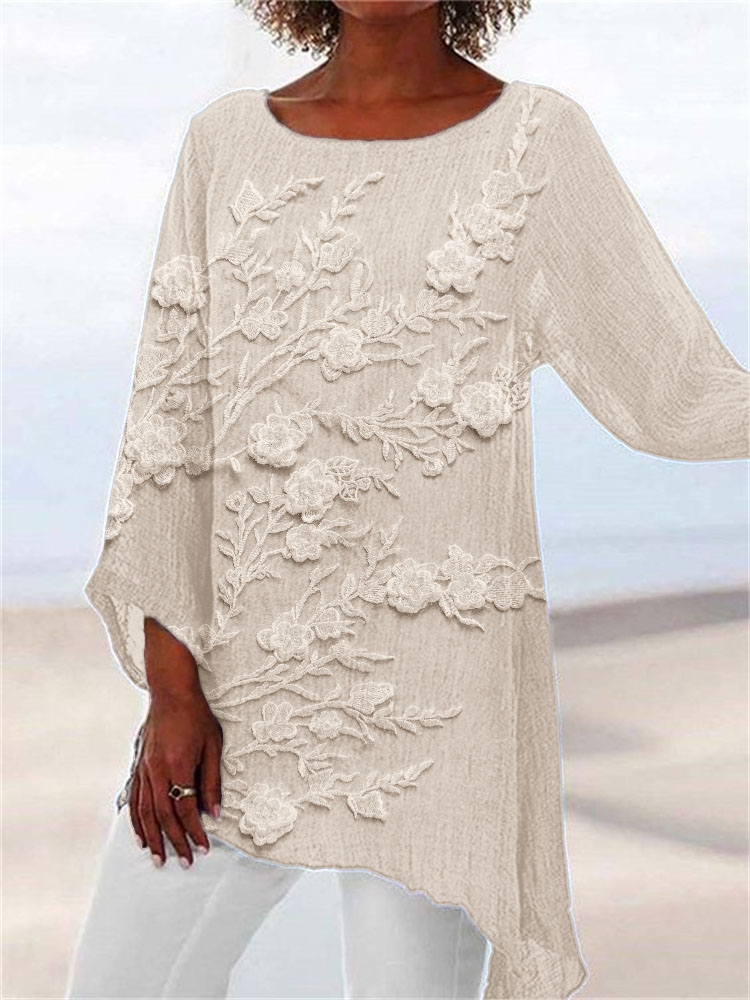 Classy 3D Floral Lace Embroidered Flowy Linen Blend Tunic