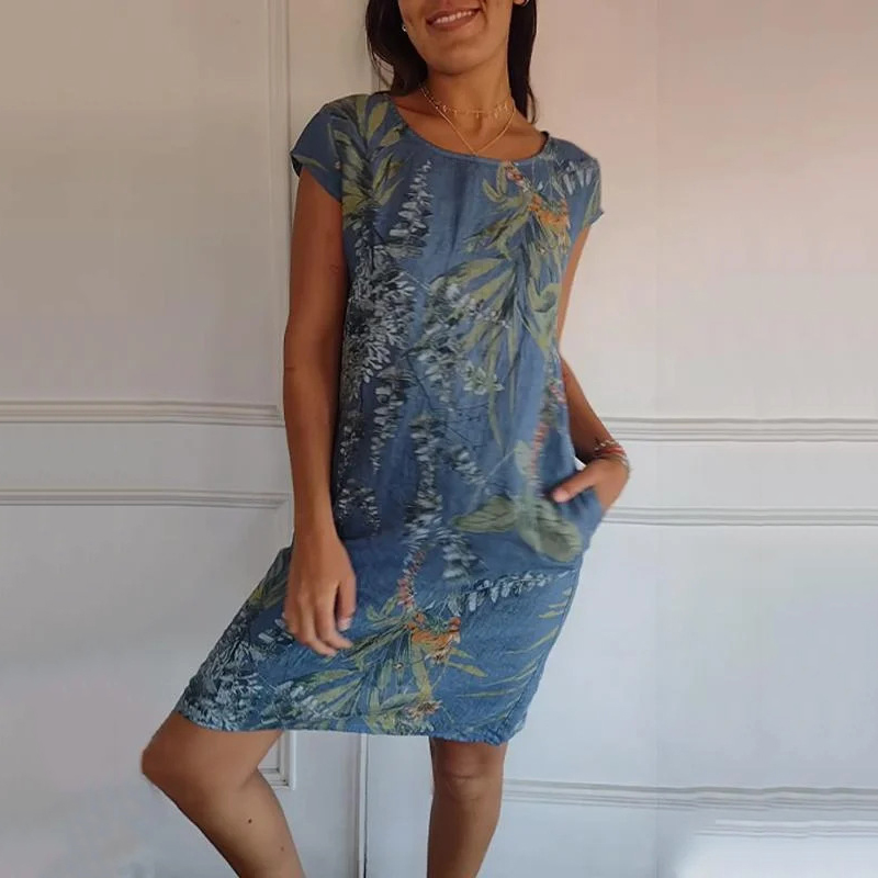 Fashionable Plant Cotton And Linen Round Neck Women'S Dress