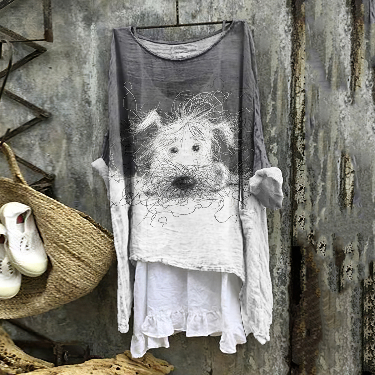 Cute Dog Scrawled Puppy Art Pattern Linen Blend Flowy Tunic