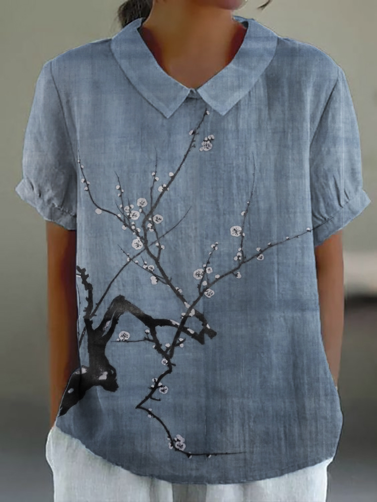 Simple Plum Blossom Japanese Art Linen Blend Tunic
