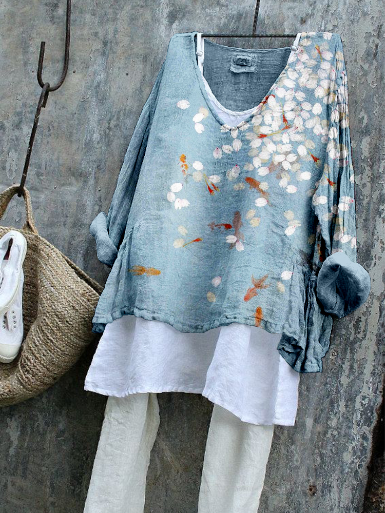 Koi and Sakura Art Linen Blend Cozy Flowy Tunic