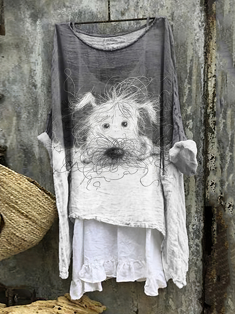 Cute Dog Scrawled Puppy Art Pattern Linen Blend Flowy Tunic