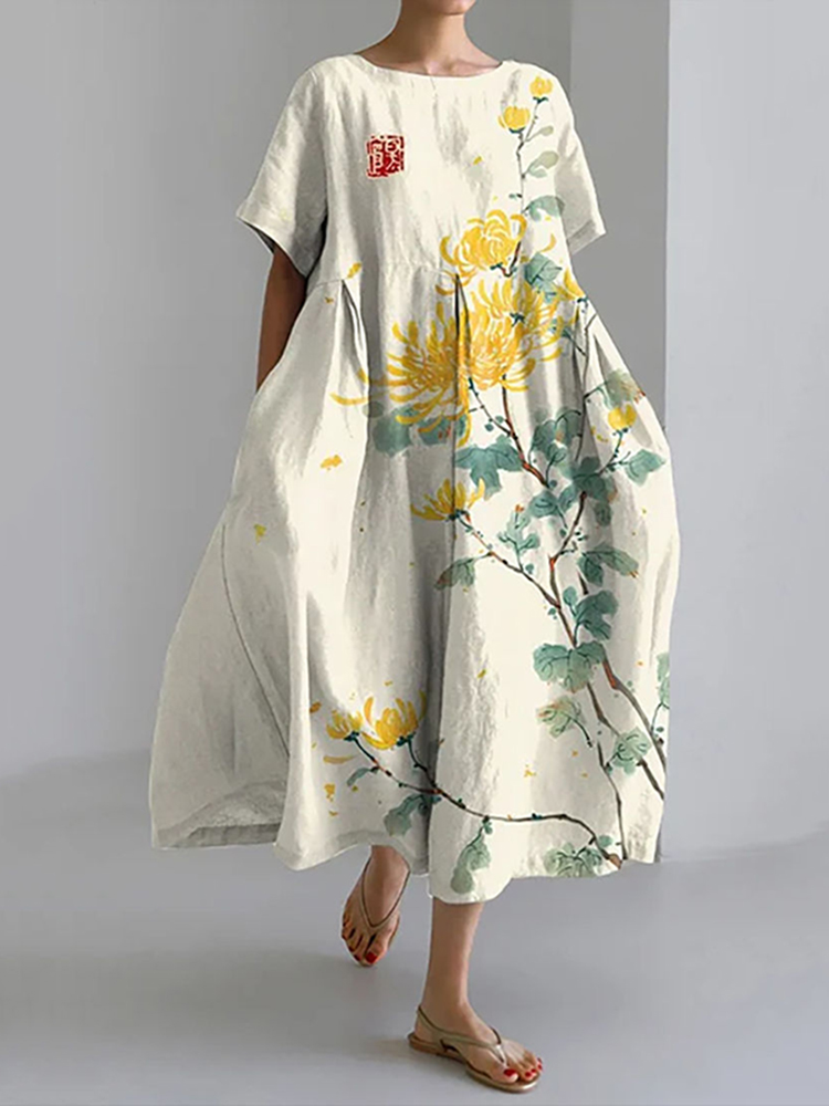 Japanese Art Chrysanthemum Print Loose Midi Dress