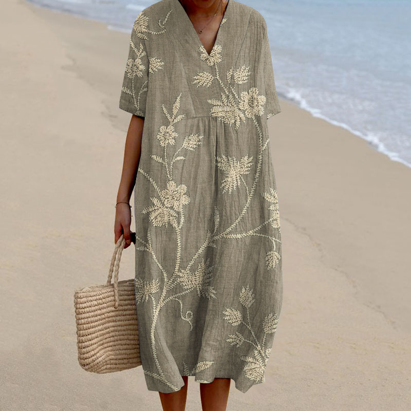 Women's Retro Floral Print Cotton and Linen Dress
