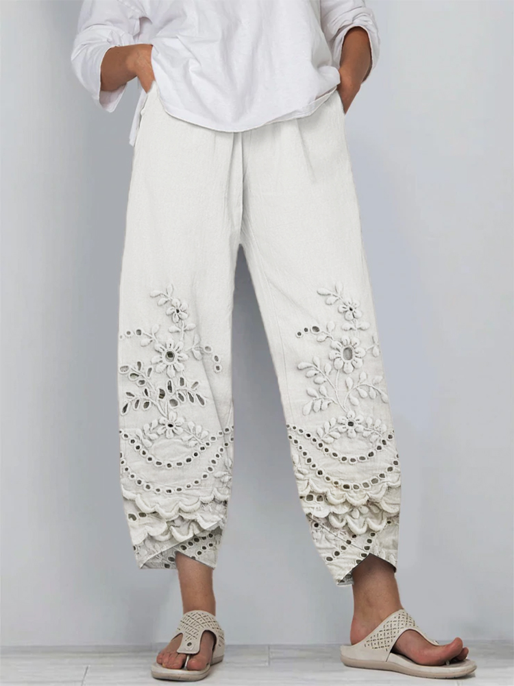 Cottage Floral Embroidered Lace Hem Linen Blend Cropped Pants