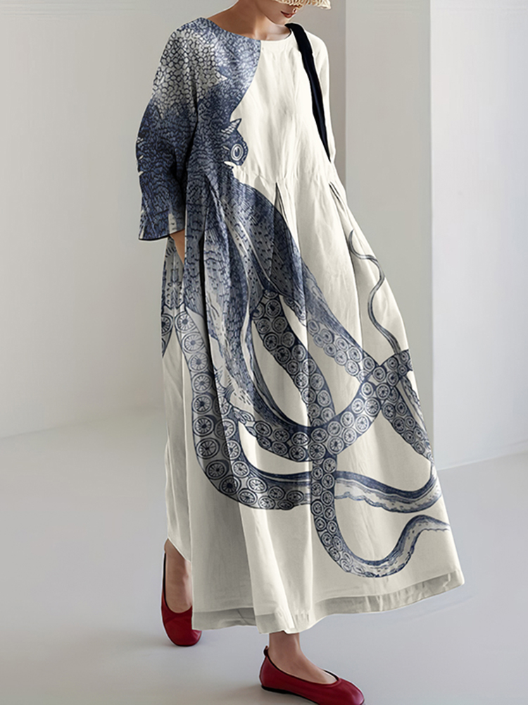 Japanese Art Octopus Print Casual Art  Linen Blend Long Sleeve Maxi Dress