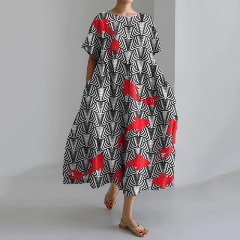 Japanese Goldfish Art Print Loose Short Sleeve Midi Dress