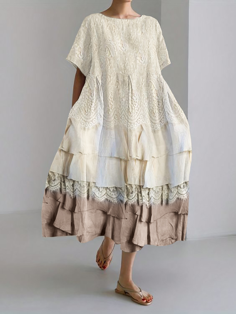 Vintage Floral Lace Contrast Flowy Linen Blend Maxi Dress