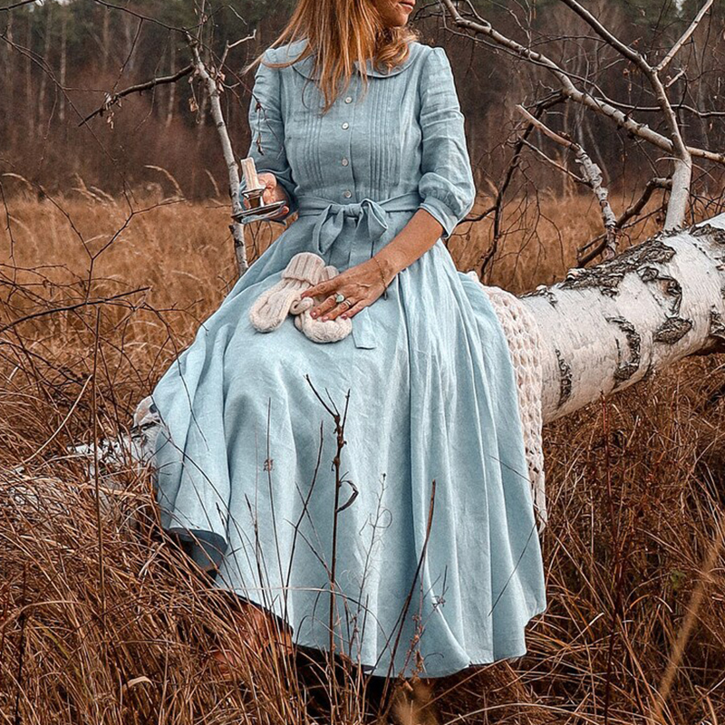 Vintage Doll Collar Pleat Cotton Linen Comfy Midi Dress