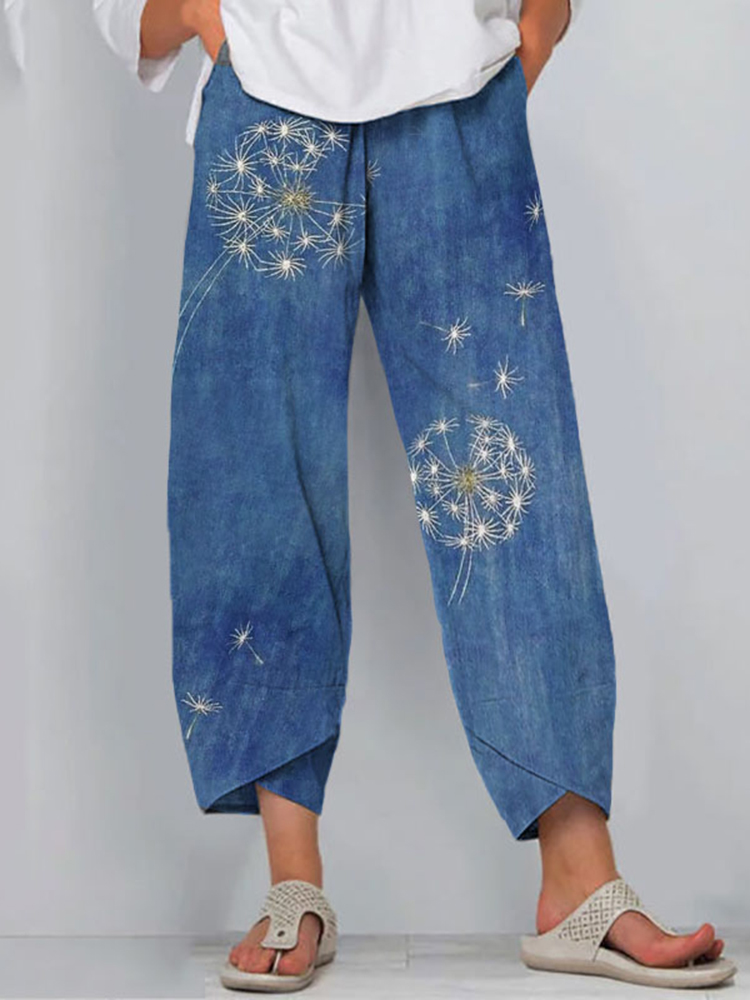 Retro Japanese Traditional Sashiko Dandelion Art Pattern Cropped Casual Pants