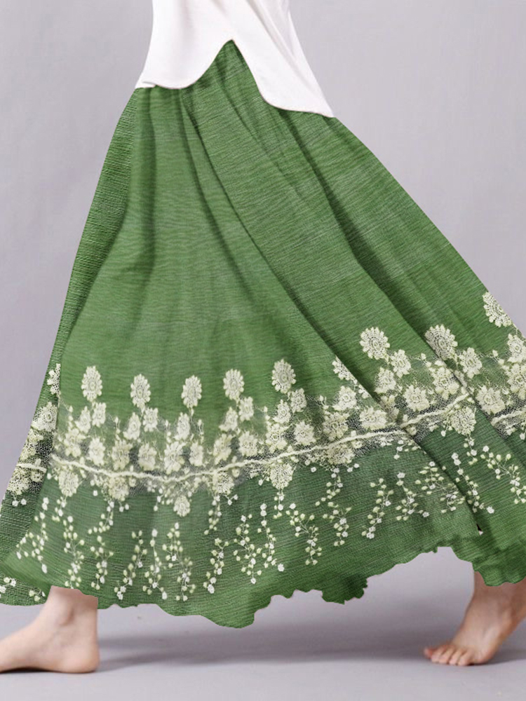 Women's Vintage Floral Print Art Linen Blend Flowy Skirt