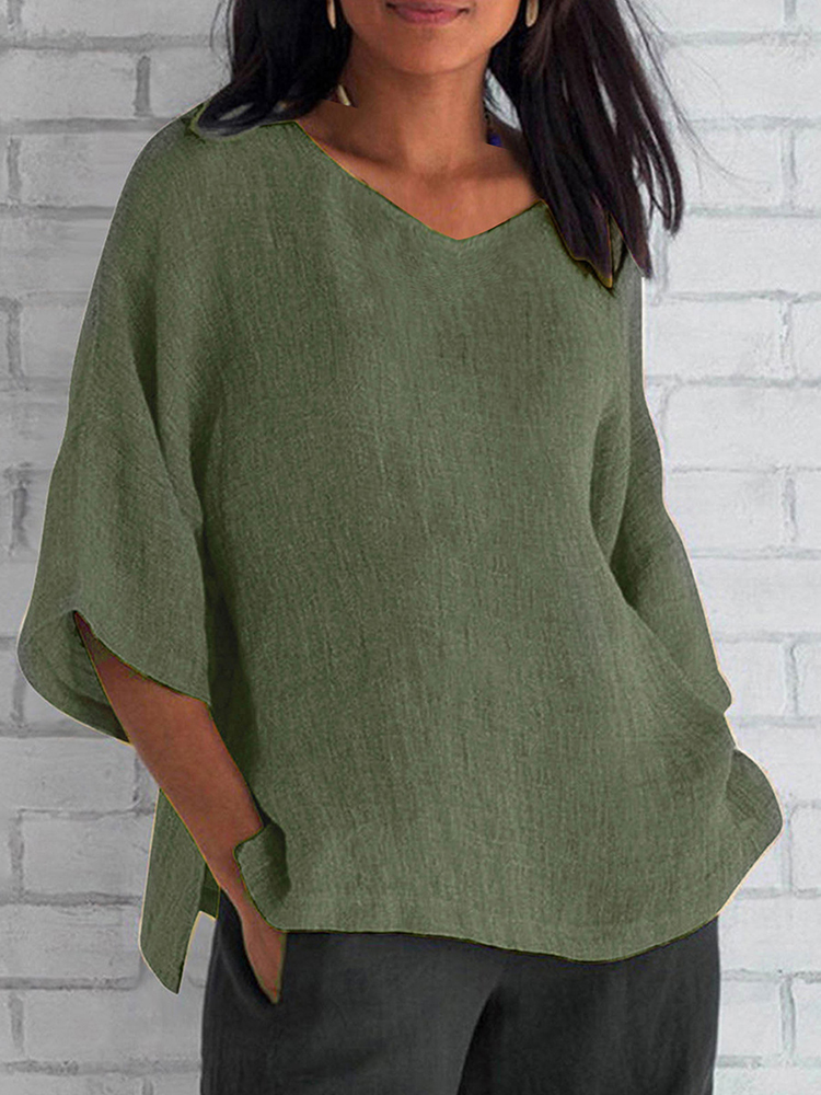 Loose V-Neck Elegant Solid Color Mid Sleeve Linen T-Shirt