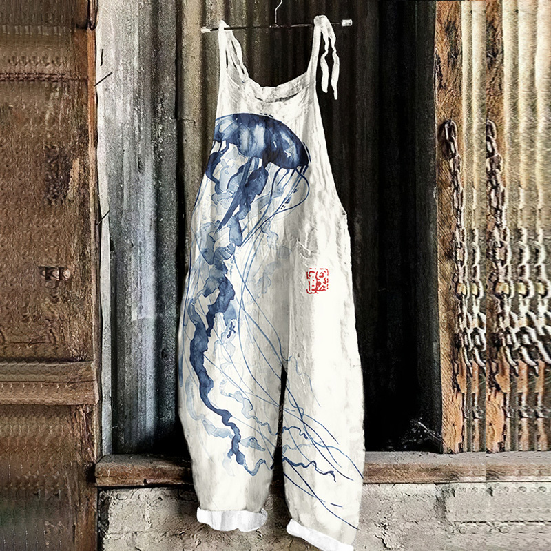 Japanese Art Jellyfish Print Casual Linen Blend Jumpsuit