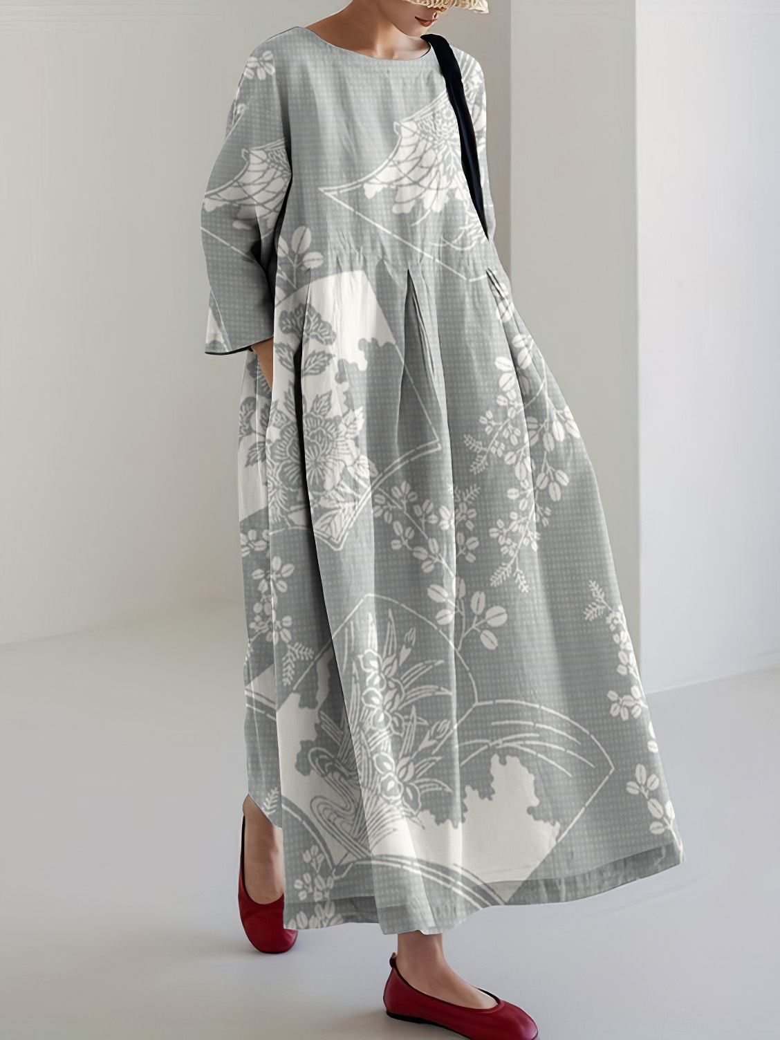 Japanese Art Floral Print Linen Blend Loose Midi Dress