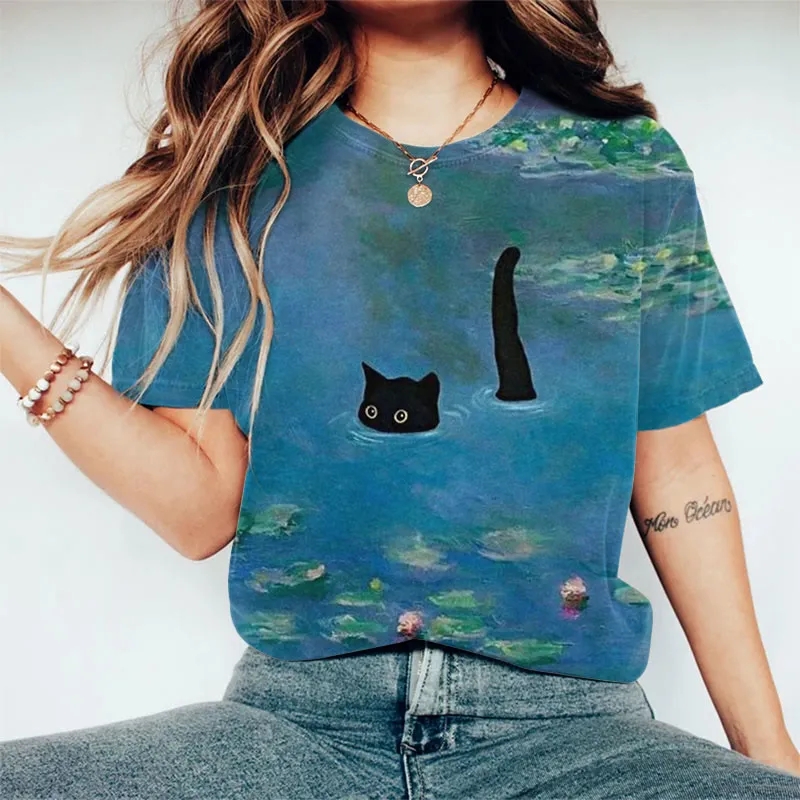 Women's Oil Painting Cat Print T-Shirt