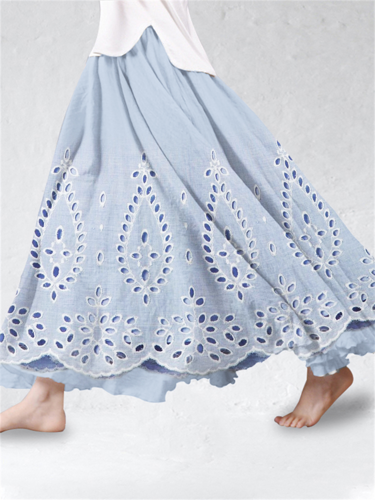 Floral Hollow Embroidered Lace Linen Blend Flowy Skirt