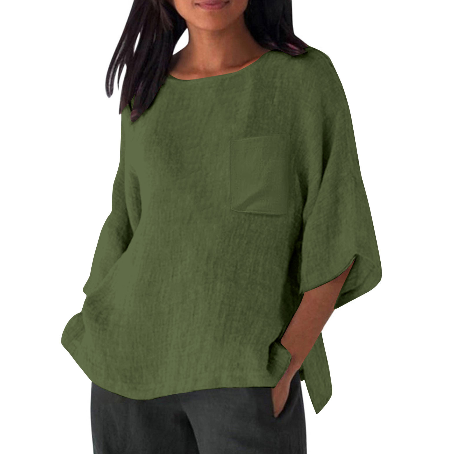 3/4 Sleeved Round Neck Pocket Loose Casual Shirt