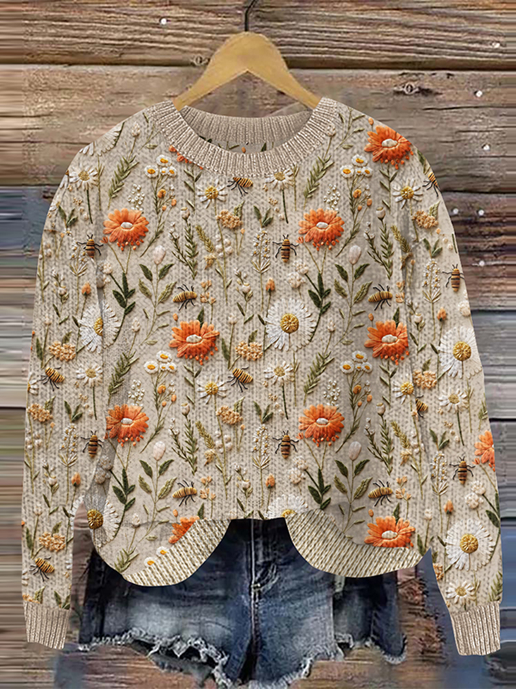 Bee And Wildflower Art Print Knitted Pullover Sweater