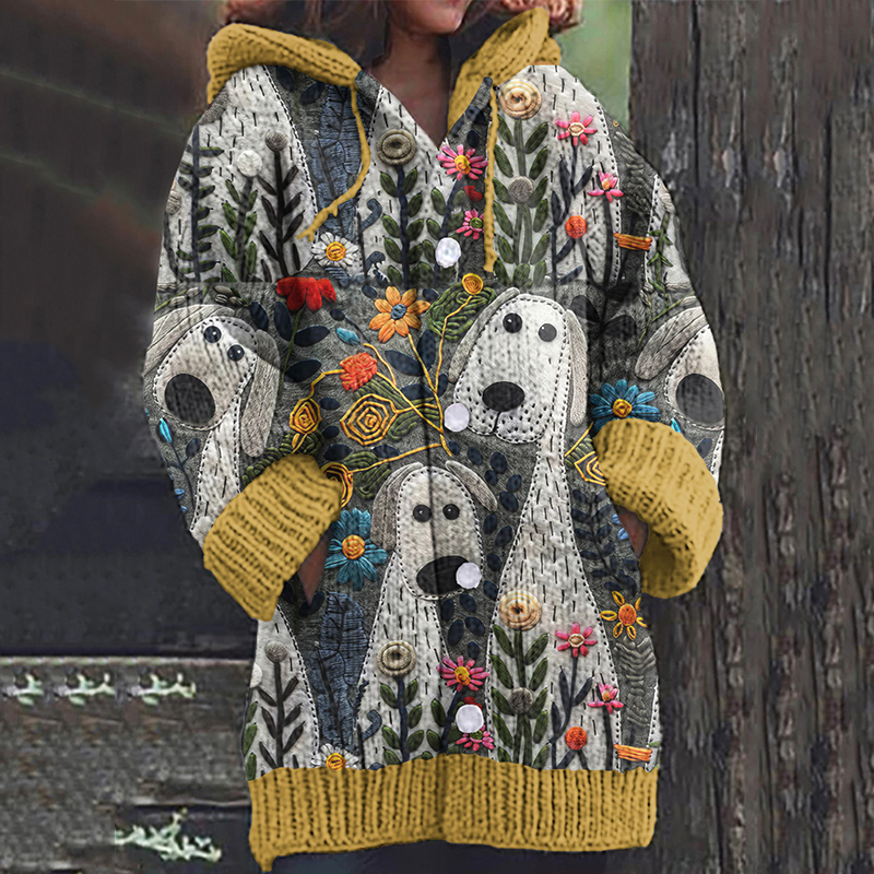 Women's Cute Dogs And Floral Art Button Casual Sweater