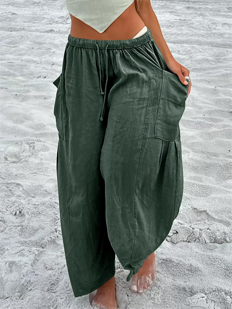 Patch Pockets Pleated Flowy Wide Leg Pants