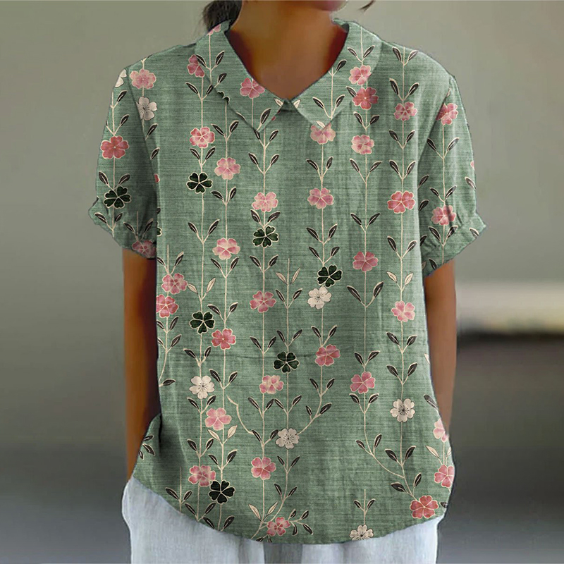 Women's Retro Floral Art Print Casual Cotton Linen Shirt