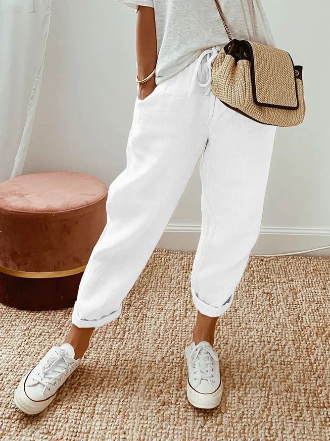 Solid Color Insert Pocket Drawstring Casual Pants