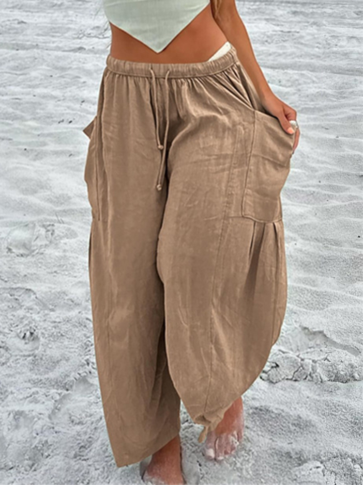 Patch Pockets Pleated Flowy Wide Leg Pants
