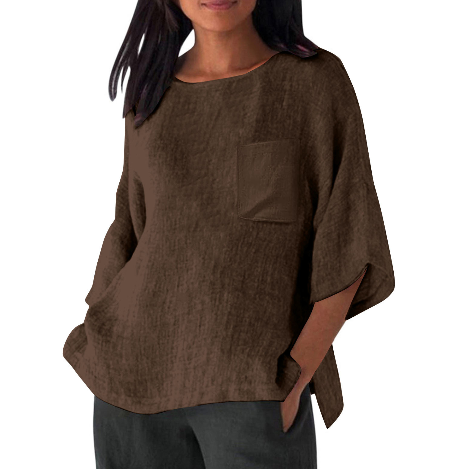 3/4 Sleeved Round Neck Pocket Loose Casual Shirt