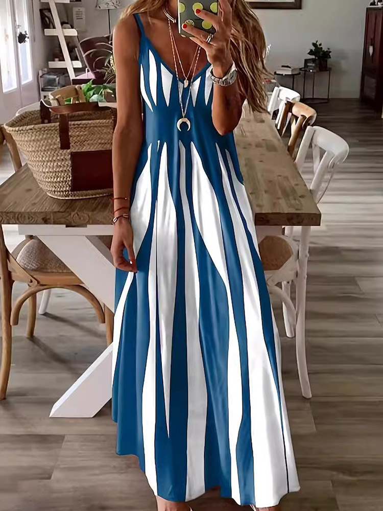 Striped Contrast Color V-Neck Dress