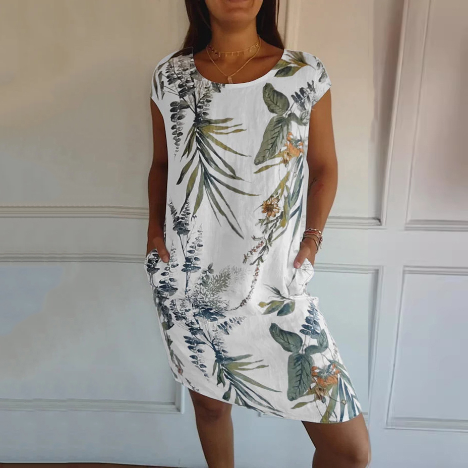 Fashionable Plant Cotton And Linen Round Neck Women'S Dress