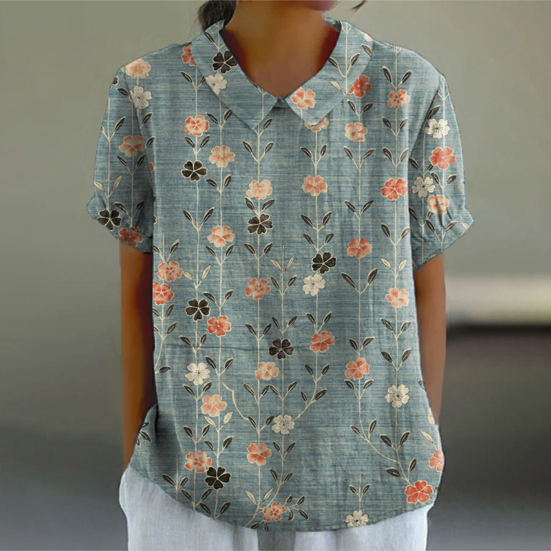 Women's Retro Floral Art Print Casual Cotton Linen Shirt